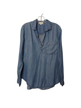 Cloth & Stone Womens L Blue Tencel Long-Sleeve VNeck Blouse Chest Pocket #I-12